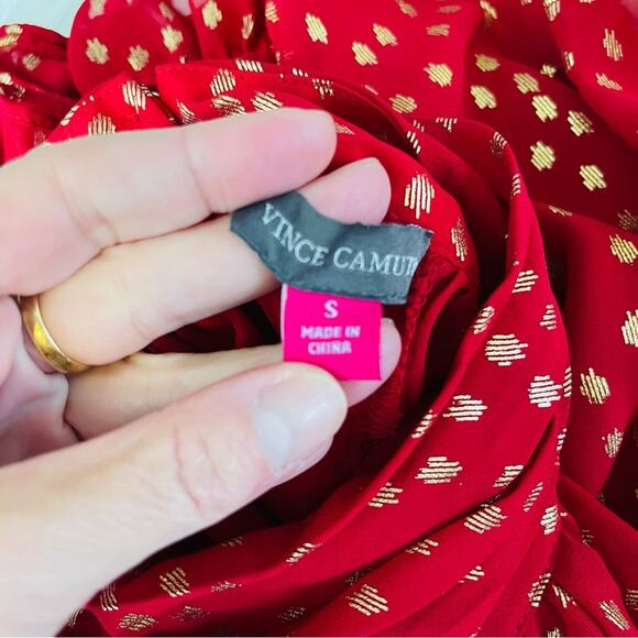 Vince Camuto red gold dot ruffle high neck holiday Christmas top small - Picture 8 of 9